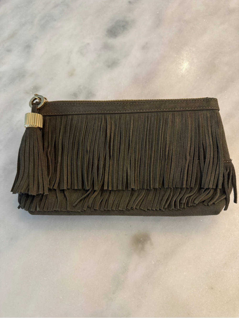 India Hicks Fringed Suede Zip Clutch - Olive